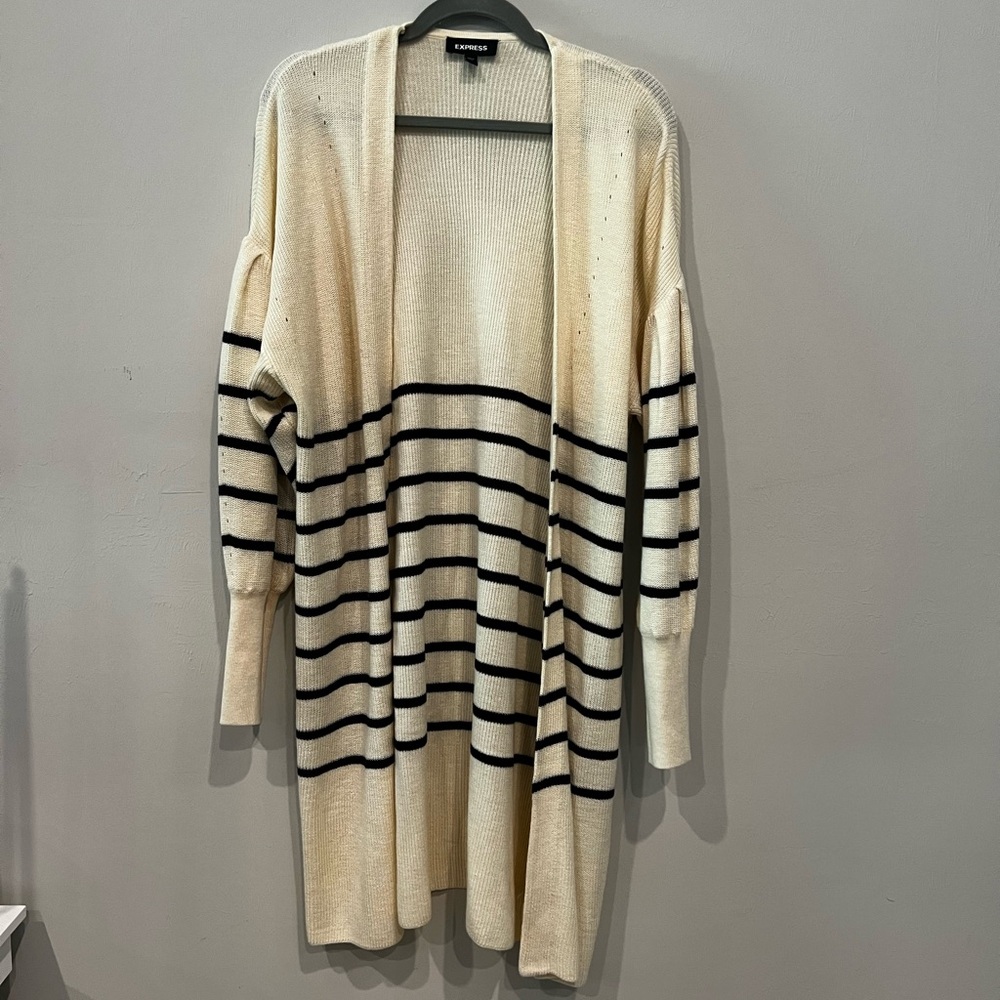 Express Striped Open-Front Long Cardigan